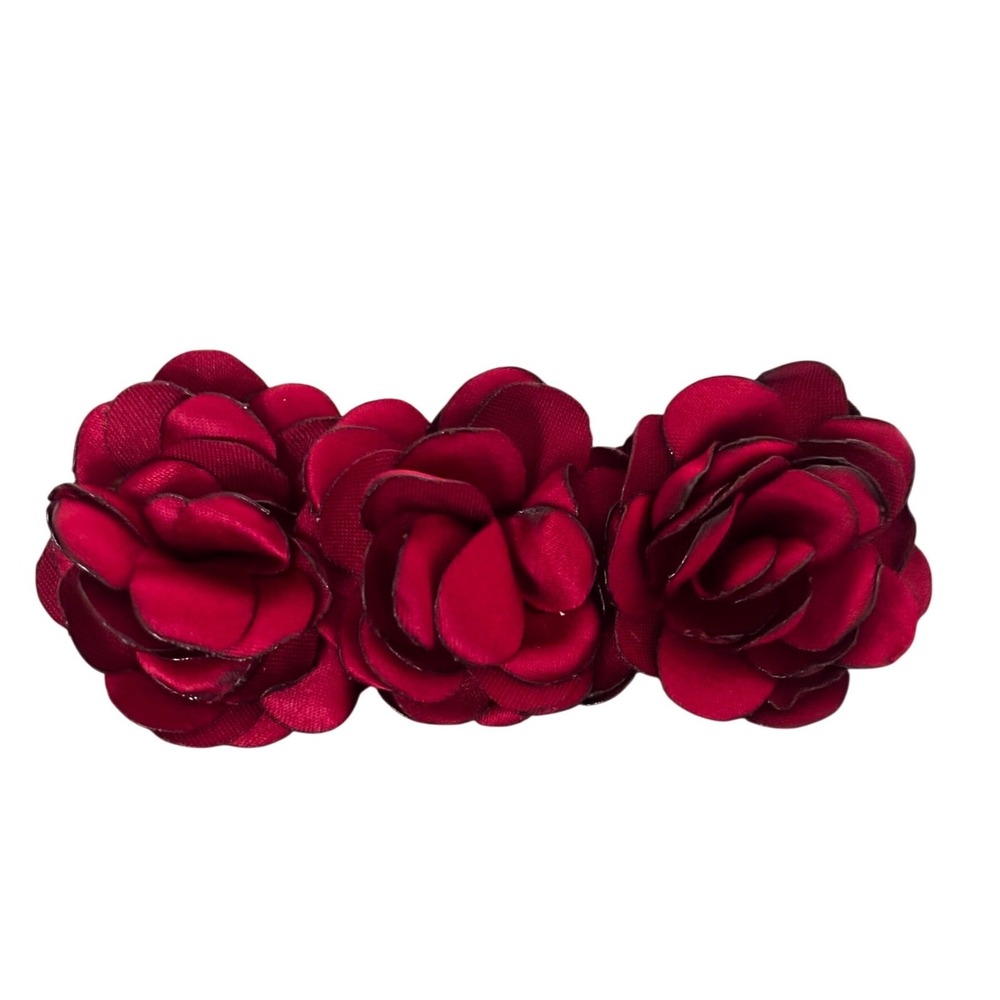 Red Satin Triple Rose Hair Barrette Floral Spring Clip Accessory Burgundy